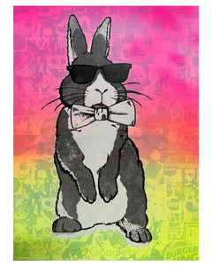 Acid Techno Bunny Print by Barrie J Davies 2025, Unframed Silkscreen print on paper (hand finished), edition of 1/1 A3 size 29.7 cm x 42 cm.