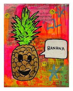 Banana Painting by Barrie J Davies 2024, Mixed media on Canvas, 30 cm x 40 cm, Unframed and ready to hang.