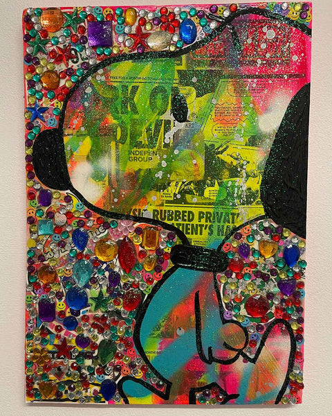 Bling Dog&nbsp;Painting by Barrie J Davies 2022, Mixed media on Canvas, 30cm x 42cm, Unframed and ready to hang.