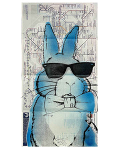 Blue Subway Techno Bunny Print by Barrie J Davies 2025, Unframed Silkscreen print on tube map (hand finished), edition of 1/1 14.8cm x 29.5cm. 