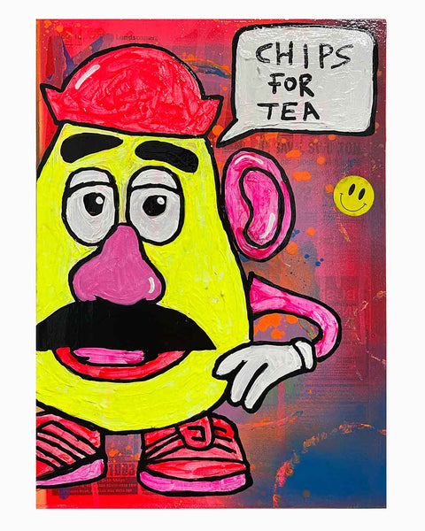 Chips For Tea Painting by Barrie J Davies 2024, Mixed media on Canvas, 21 cm x 29 cm, Unframed and ready to hang..
