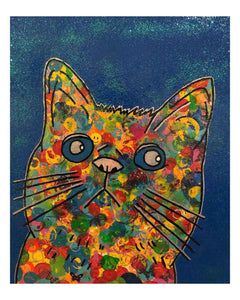 Cosmic moggy Painting by Barrie J Davies 2018, mixed media on canvas, unframed, 50cm x 60cm.