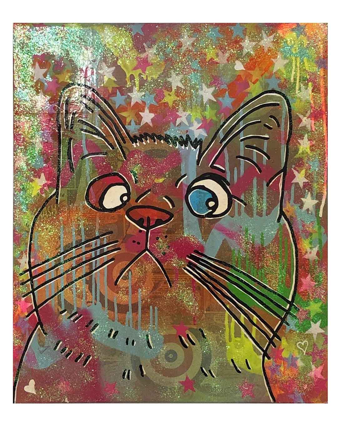 Graffiti Cosmic Moggy Painting by Barrie J Davies 2015, mixed media on canvas, unframed, 50cm x 60cm.