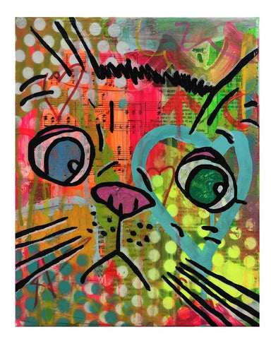 Small Cosmic moggy Painting by Barrie J Davies 2019,&nbsp;mixed media on canvas, Unframed, 21cm x 25 cm, unframed.