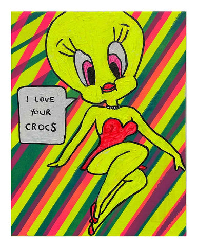 Crocs Painting by Barrie J Davies 2024, Mixed media on Canvas, 21 cm x 29 cm, Unframed and ready to hang.