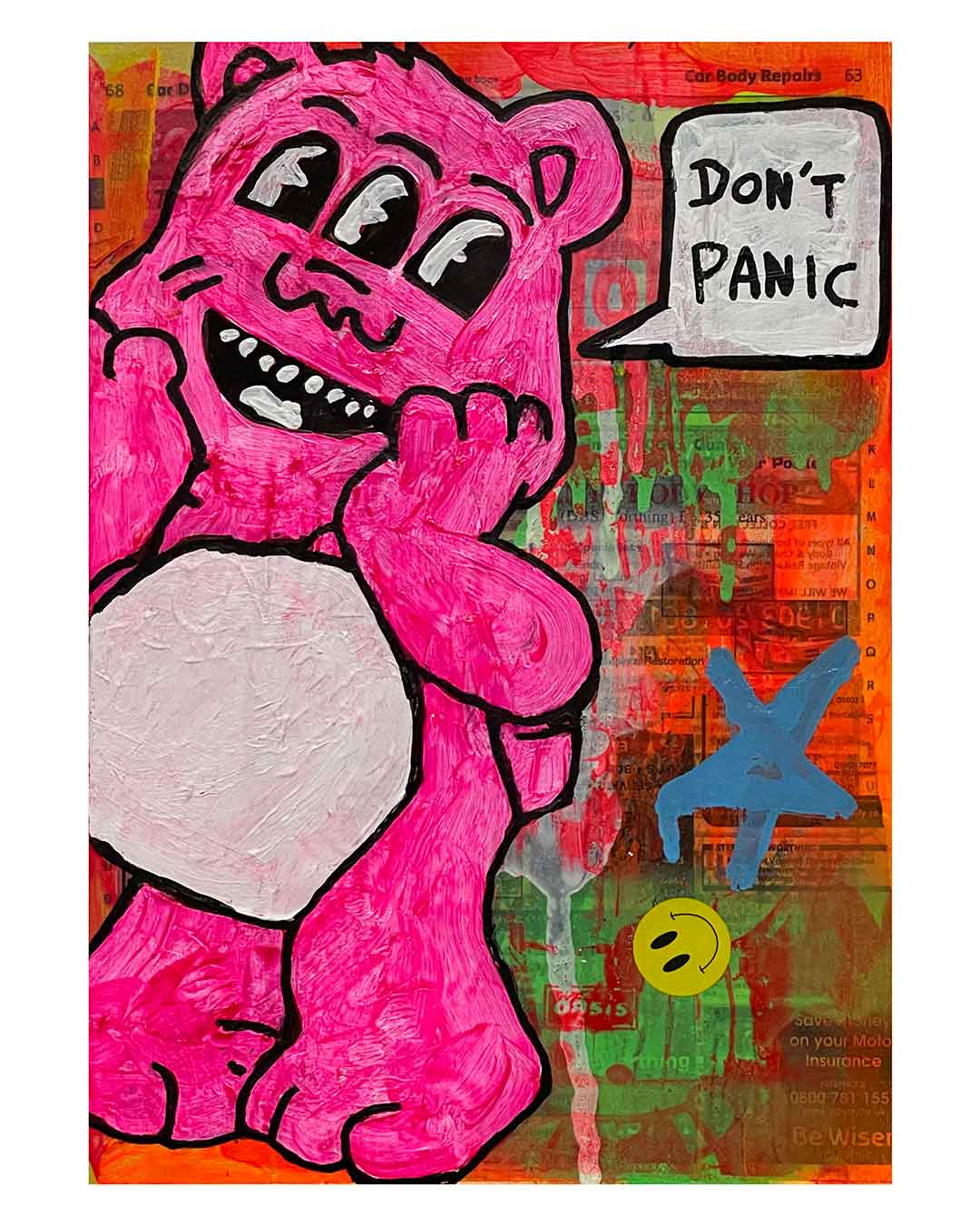 Don't Panic Painting by Barrie J Davies 2024, Mixed media on Canvas, 21 cm x 29 cm, Unframed and ready to hang.