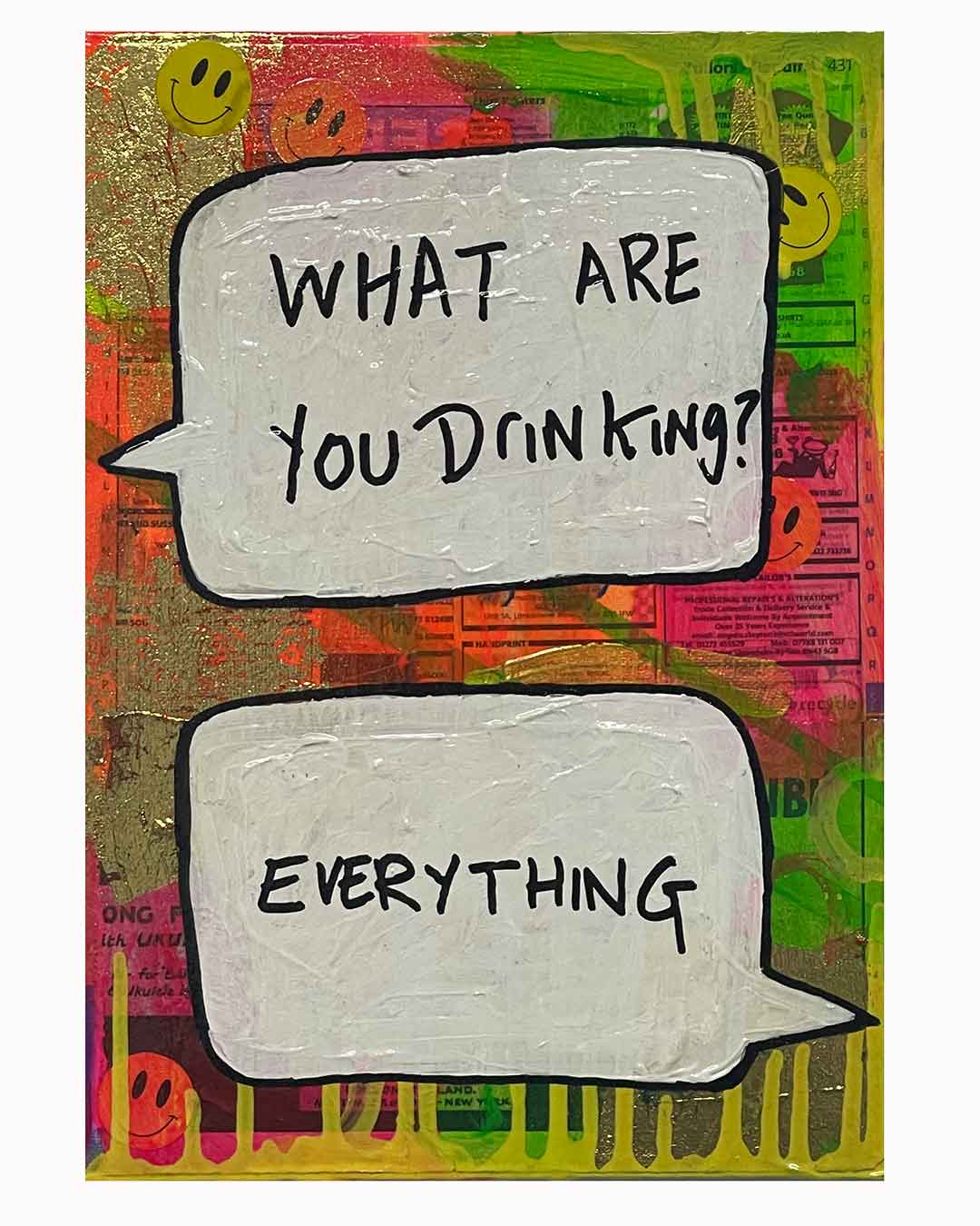 Drinking Painting by Barrie J Davies 2024, Mixed media on Canvas, 21 cm x 29 cm, Unframed and ready to hang.