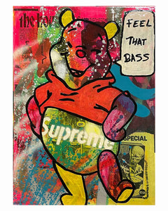 Drum and Bear Painting by Barrie J Davies 2023, Mixed media on Canvas, 30cm x 42cm, Unframed and ready to hang.