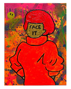 Face It Painting by Barrie J Davies 2024, Mixed media on Canvas, 21 cm x 29 cm, Unframed and ready to hang.