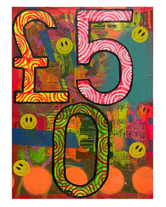 Fifty Quid Painting by Barrie J Davies 2024, Mixed media on Canvas, 21 cm x 29 cm, Unframed and ready to hang.