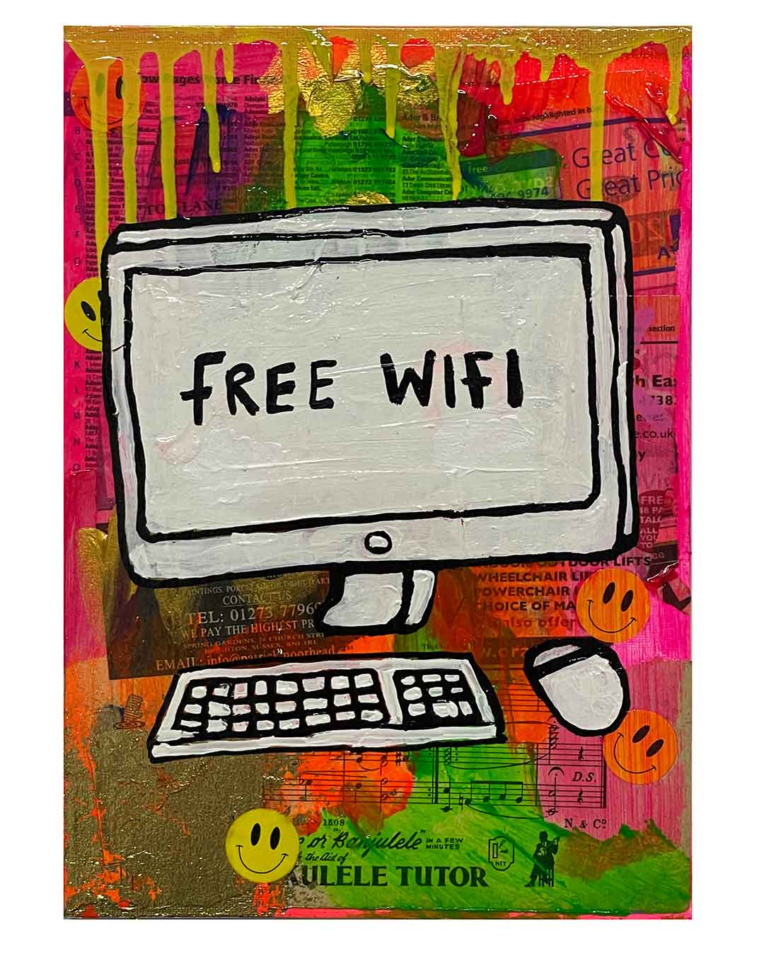 Free Wifi Painting by Barrie J Davies 2024, Mixed media on Canvas, 21 cm x 29 cm, Unframed and ready to hang.