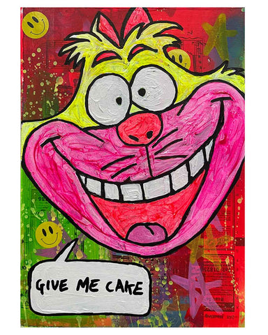 Give Me  Cake Painting by Barrie J Davies 2024, Mixed media on Canvas, 21 cm x 29 cm, Unframed and ready to hang.