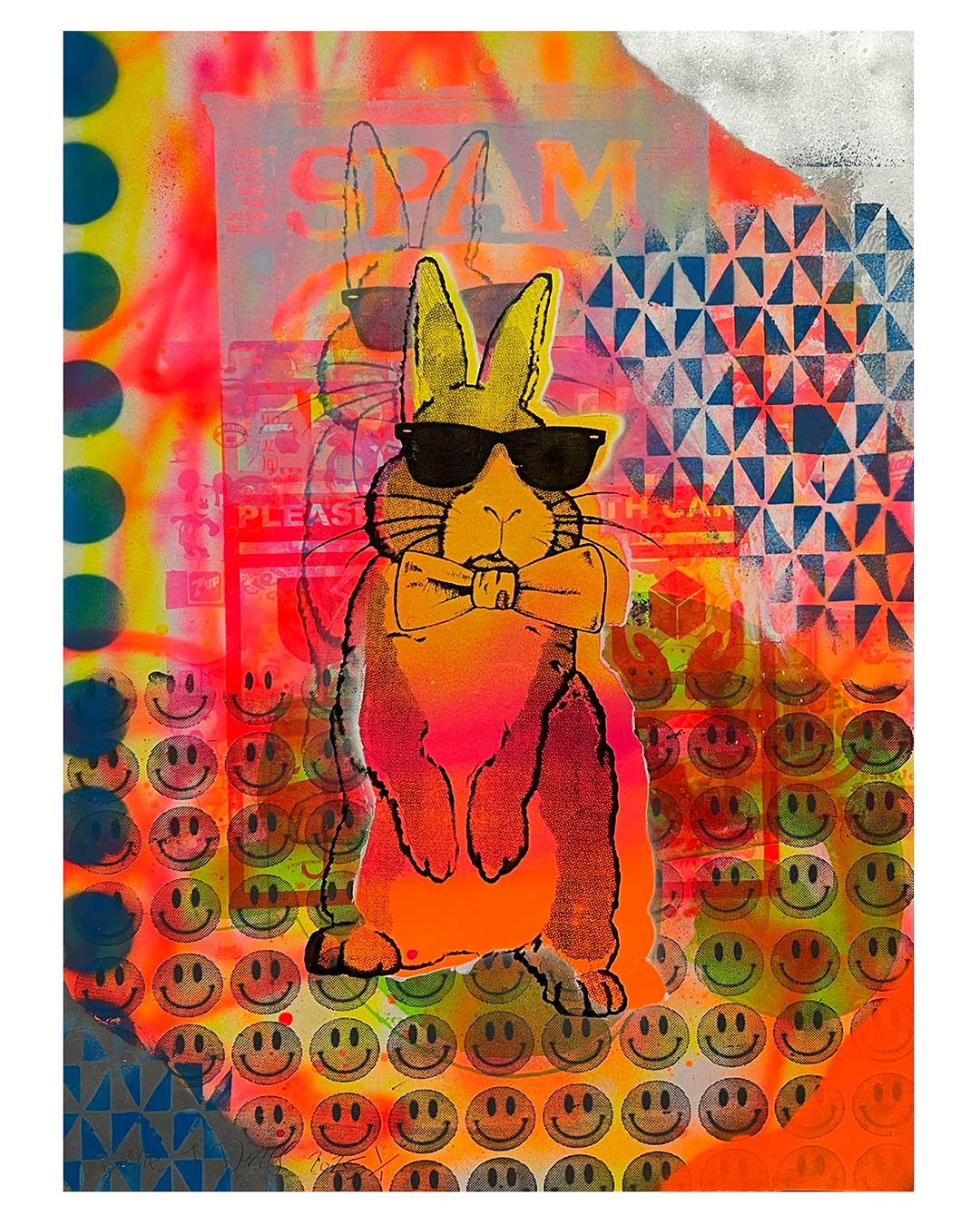 Happy Techno Bunny Print by Barrie J Davies 2025, Unframed Silkscreen print on paper (hand finished), edition of 1/1 A2 size 42cm x 59cm.