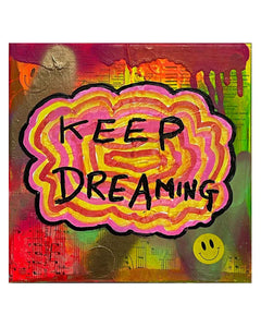 Keep Dreaming Painting by Barrie J Davies 2024, Mixed media on Canvas, 20 cm x 20 cm, Unframed and ready to hang.