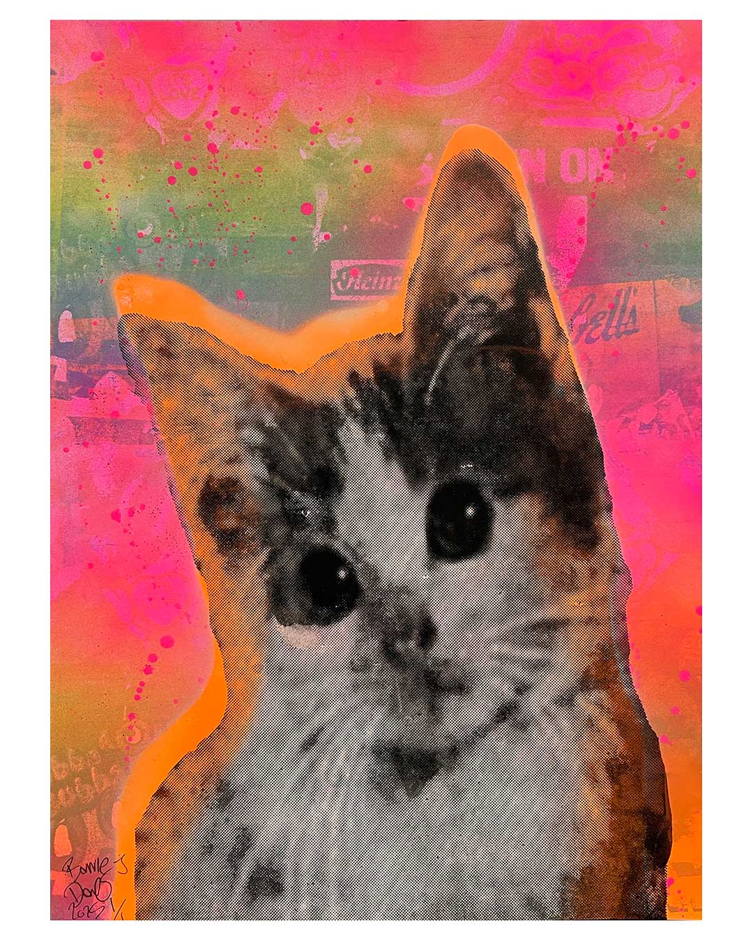 Kitschy Cat Halo Print by Barrie J Davies 2025 - unframed Silkscreen print on paper (hand finished) edition of 1/1 - A3 size 29cm x 42cm.