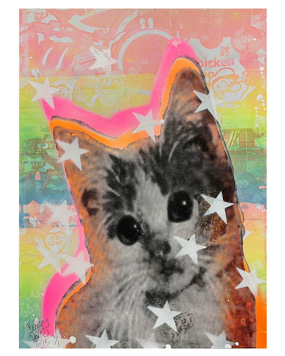 Kitschy Cat Peachy Print by Barrie J Davies 2025 - unframed Silkscreen print on paper (hand finished) edition of 1/1 - A3 size 29cm x 42cm.