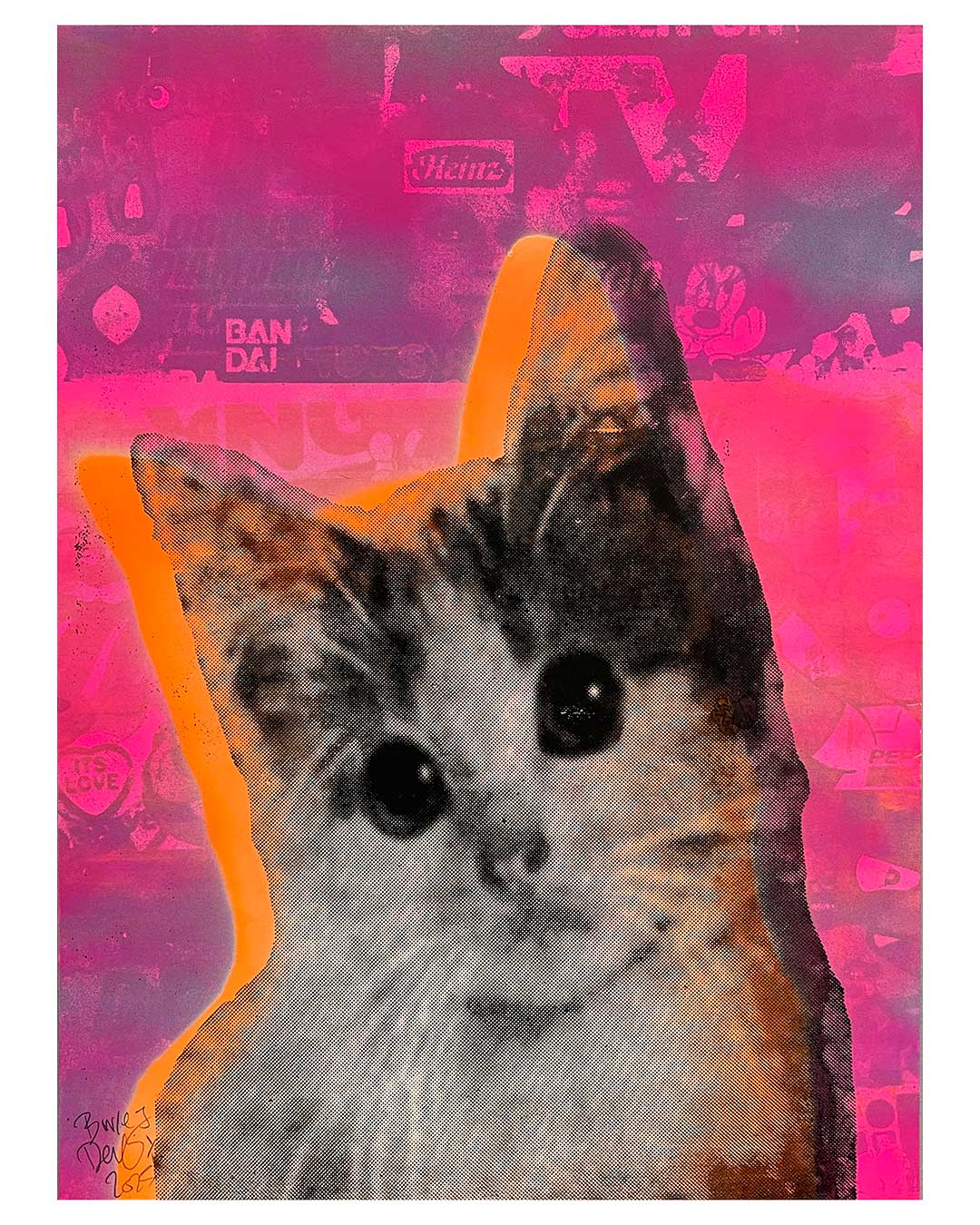 Kitschy Cat Pink Print by Barrie J Davies 2025 - unframed Silkscreen print on paper (hand finished) edition of 1/1 - A3 size 29cm x 42cm.