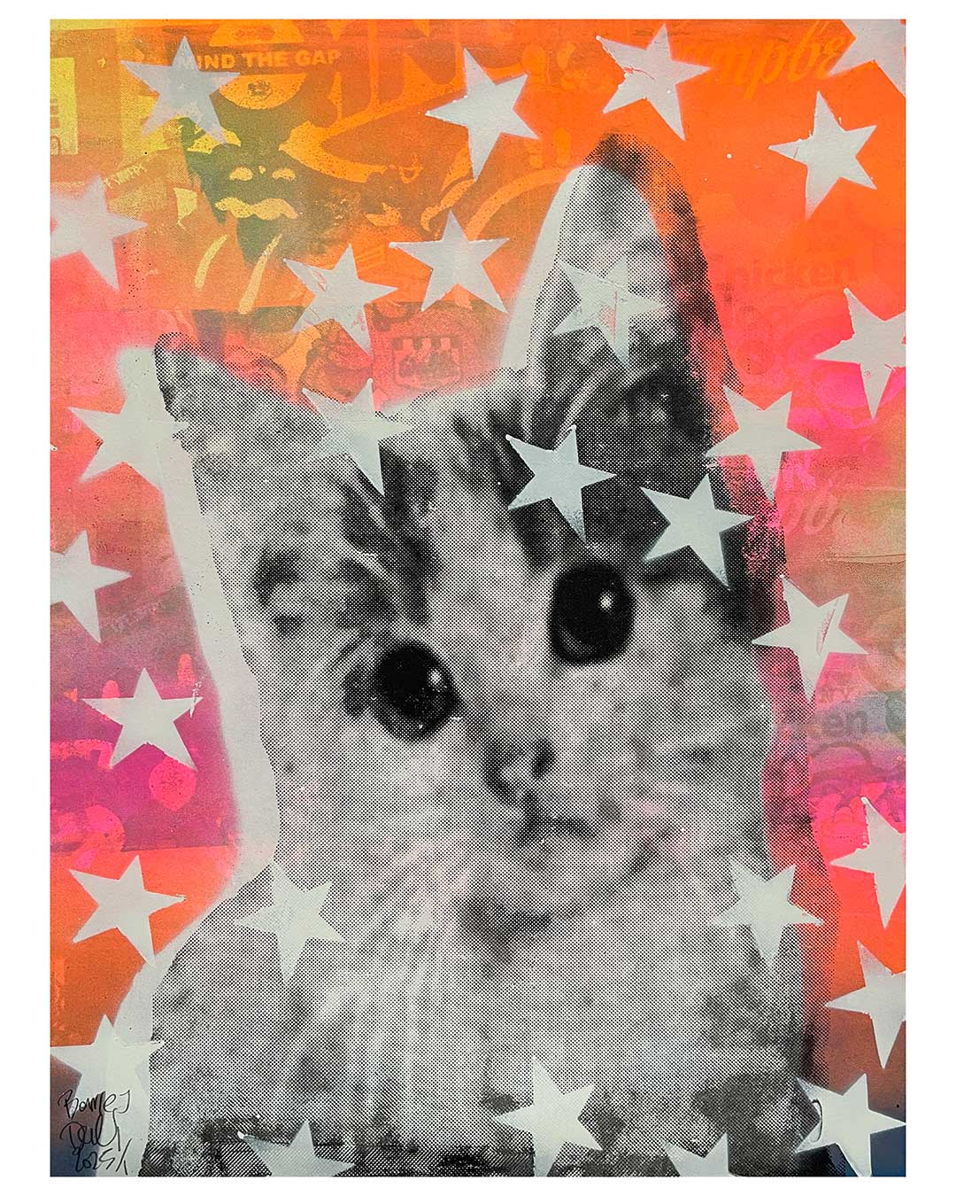 Kitschy Cat stars Print by Barrie J Davies 2025 - unframed Silkscreen print on paper (hand finished) edition of 1/1 - A3 size 29cm x 42cm.