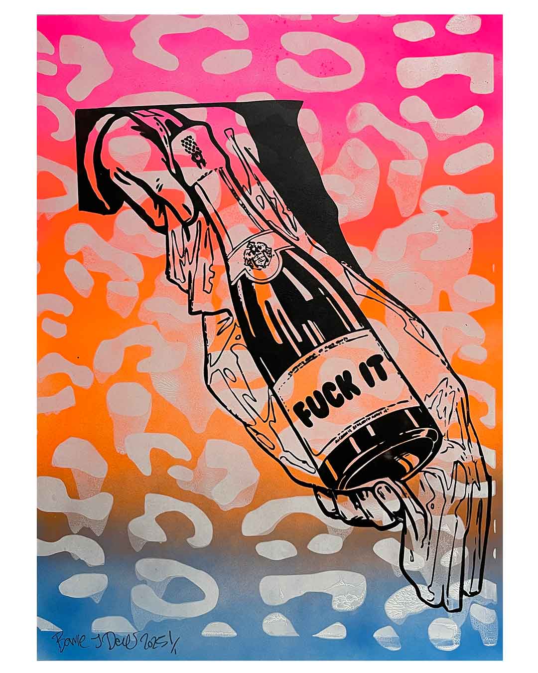 Leopard Fuck It Print by Barrie J Davies 2025, Unframed Silkscreen print on paper (hand finished), edition of 1/1 A3 size 29cm x 42cm.