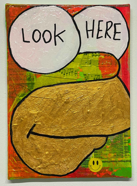Look Here Painting by Barrie J Davies 2024, Mixed media on Canvas, 21 cm x 29 cm, Unframed and ready to hang.