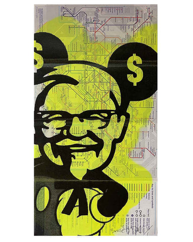 Mad Mickey Yellow Tube Print by Barrie J Davies, Unframed Silkscreen print on tube map (hand finished), edition of 1/1 14.8cm x 29.5cm.