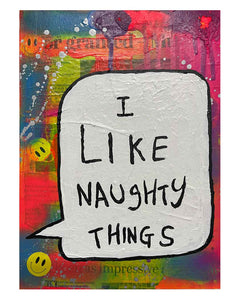 Naughty Things Painting by Barrie J Davies 2024, Mixed media on Canvas, 21 cm x 29 cm, Unframed and ready to hang.