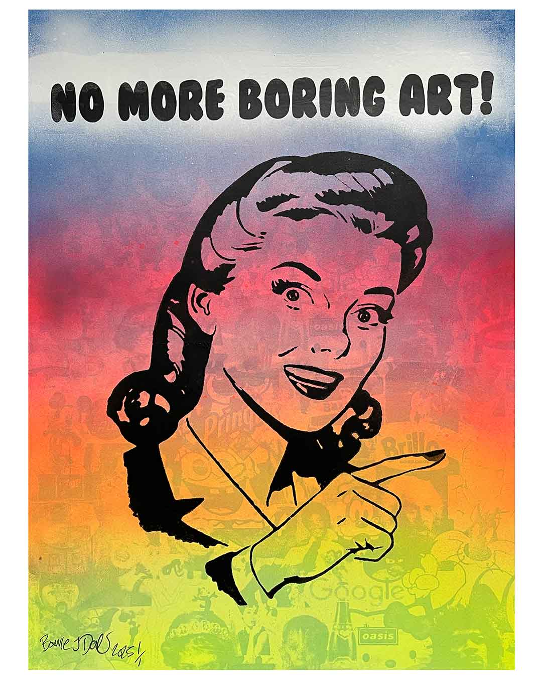 No More Boring Art Faded Print by Barrie J Davies 2025, Unframed Silkscreen print on paper (hand finished), edition of 1/1 A3 size 29cm x 42cm.