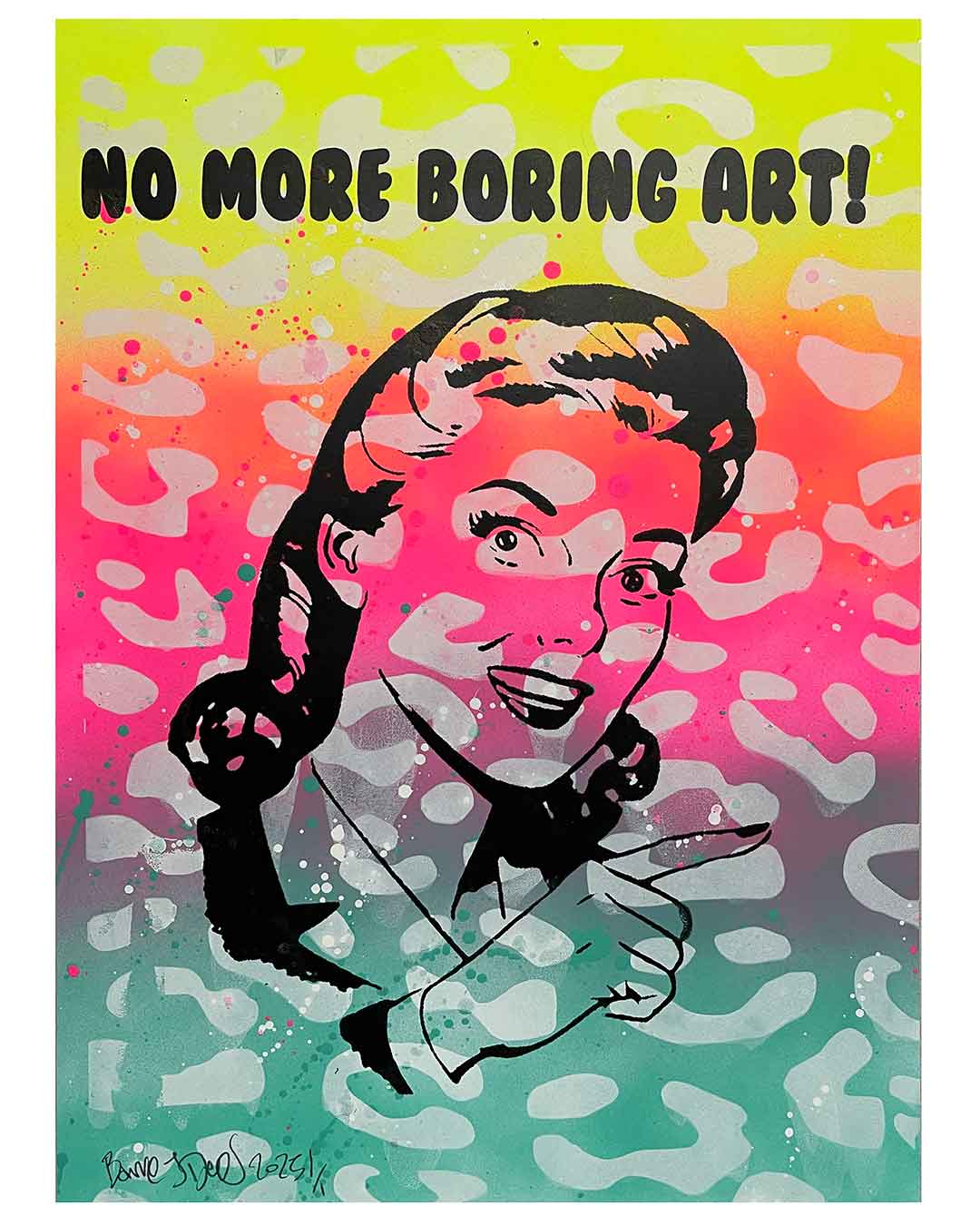 No More Boring Art Leopard Print by Barrie J Davies 2025, Unframed Silkscreen print on paper (hand finished), edition of 1/1 A3 size 29cm x 42cm.