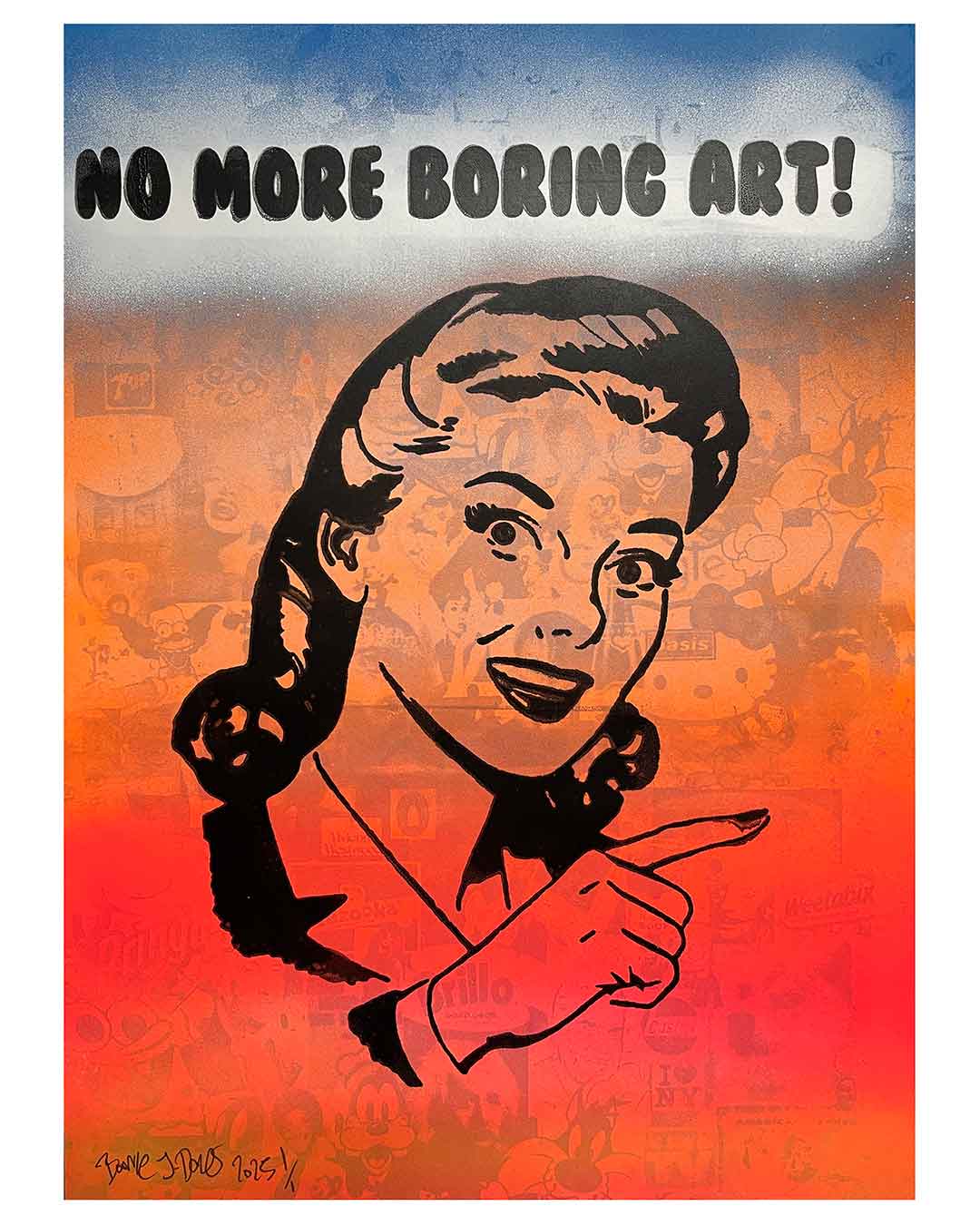 No More Boring Art Stripe Print by Barrie J Davies 2025, Unframed Silkscreen print on paper (hand finished), edition of 1/1 A3 size 29cm x 42cm.