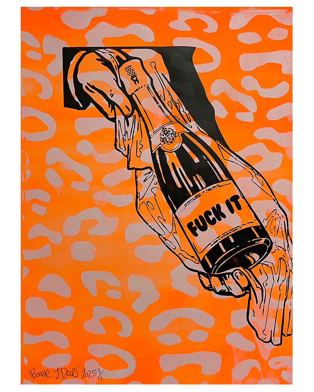 Orange Leopard Fuck It Print by Barrie J Davies 2025, Unframed Silkscreen print on paper (hand finished), edition of 1/1 A3 size 29cm x 42cm.