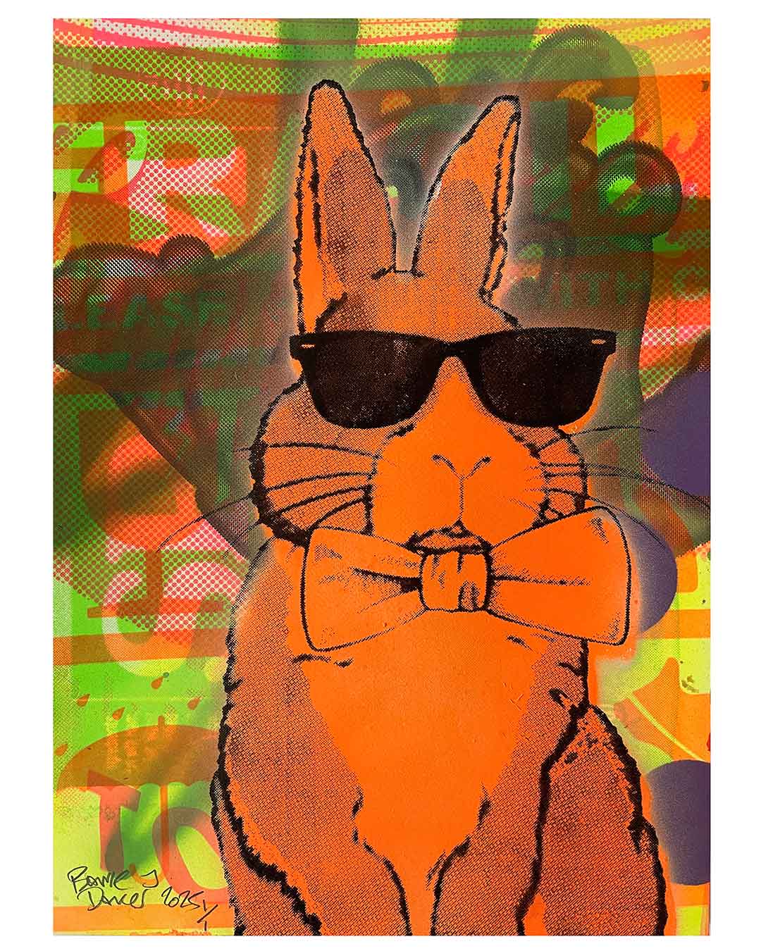 Orange Techno Bunny Print by Barrie J Davies 2024, Unframed Silkscreen print on paper (hand finished), edition of 1/1 A4 size 21cm x 29cm.