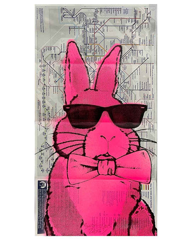 Pink Subway Techno Bunny Print by Barrie J Davies 2025, Unframed Silkscreen print on tube map (hand finished), edition of 1/1 14.8cm x 29.5cm. 