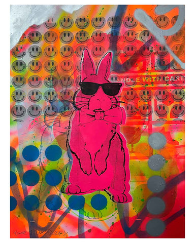 Pink Techno Bunny Print by Barrie J Davies 2024, Unframed Silkscreen print on paper (hand finished), edition of 1/1 A2 size 42cm x 59cm.