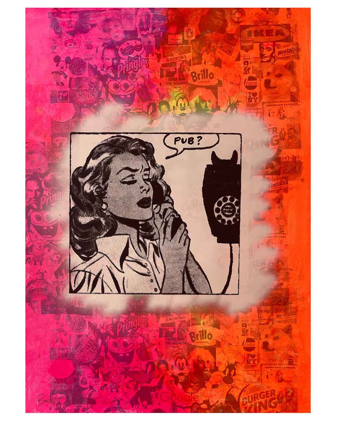 Pub Call Girl Print by Barrie J Davies 2021 - unframed Silkscreen print on paper (hand finished) edition of 1/1 - A2 size 42cm x 59.4cm.