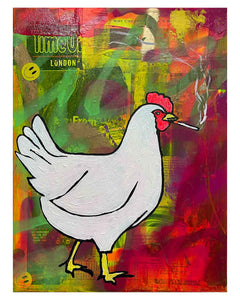 Smoking Big Cock Painting by Barrie J Davies 2023, Mixed media on Canvas, 30cm x 42cm, Unframed and ready to hang.