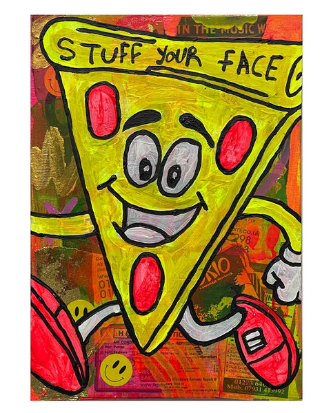 Stuff Your Face Painting by Barrie J Davies 2024, Mixed media on Canvas, 21 cm x 29 cm, Unframed and ready to hang.