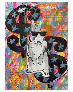 Tagged Techno Bunny Print by Barrie J Davies 2025, Unframed Silkscreen print on paper (hand finished), edition of 1/1 A2 size 42cm x 59cm.