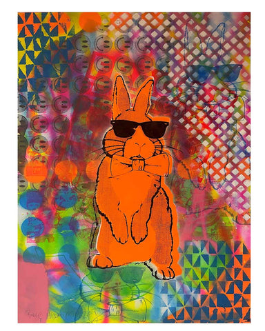 Techno Bunny Print by Barrie J Davies 2024, Unframed Silkscreen print on paper (hand finished), edition of 1/1 A2 size 42cm x 59cm.