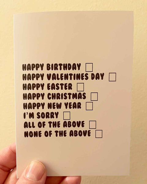 The Multi Purpose Greetings Card by Barrie J Davies. Blank inside with options to tick on the front, 148 millimetres by 105 millimetres, (5.8 inches by 4.2 inches).