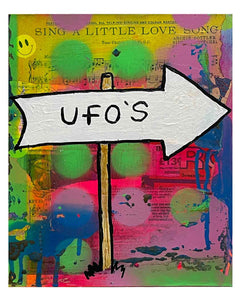 UFO's Painting by Barrie J Davies 2024, Mixed media on Canvas, 24 cm x 30 cm, Unframed and ready to hang.