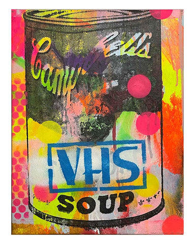 VHS Soup Painting by Barrie J Davies 2024, Mixed media on Canvas, 30 cm x 40 cm, Unframed and ready to hang.