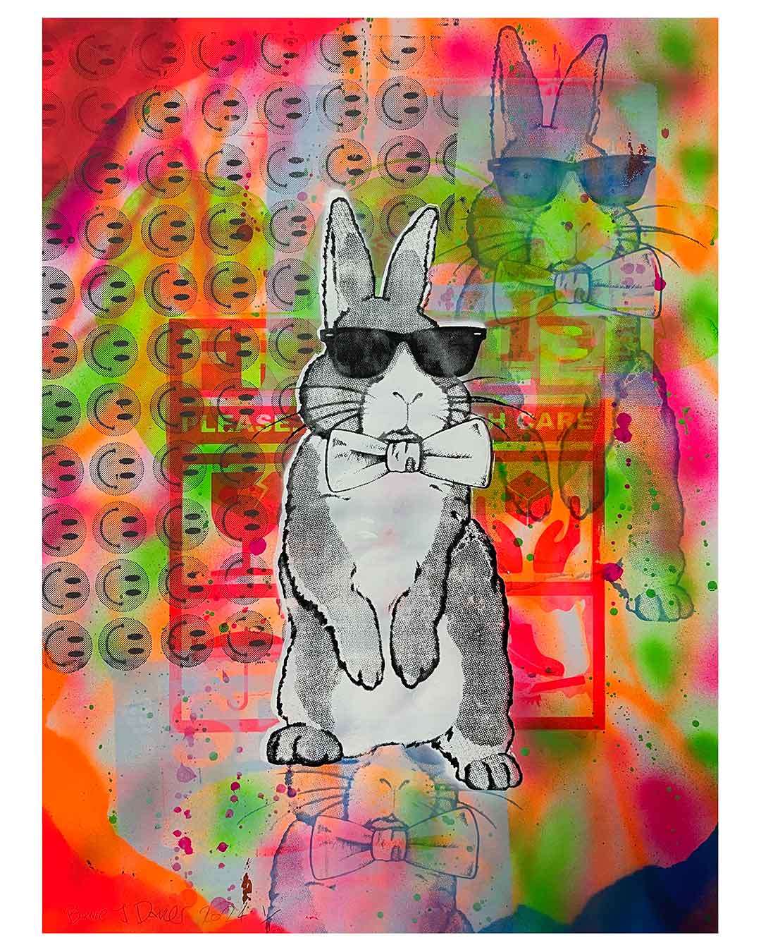 White Techno Bunny Print by Barrie J Davies 2024, Unframed Silkscreen print on paper (hand finished), edition of 1/1 A2 size 42cm x 59cm. 