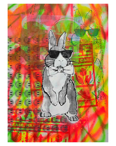 Wild Techno Bunny Print by Barrie J Davies 2025, Unframed Silkscreen print on paper (hand finished), edition of 1/1 A2 size 42cm x 59cm.