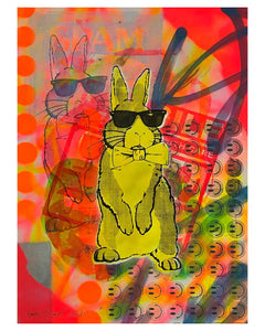 Yellow Techno Bunny Print by Barrie J Davies 2024, Unframed Silkscreen print on paper (hand finished), edition of 1/1 A2 size 42cm x 59cm.