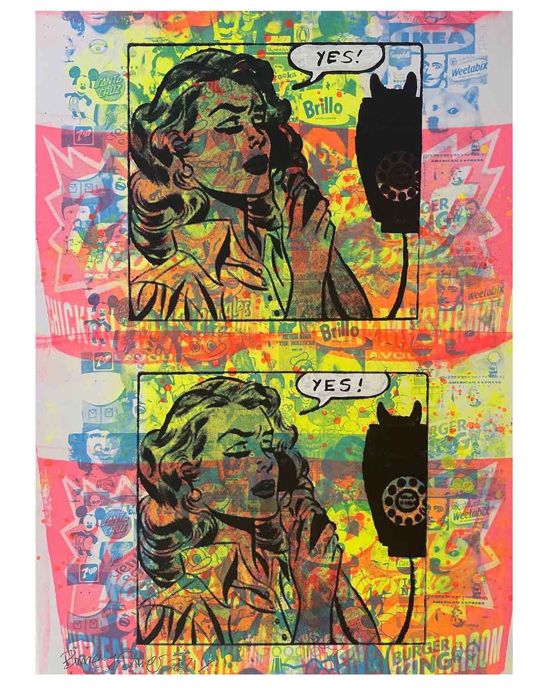 Yes Call Girl Print by Barrie J Davies 2021 - unframed Silkscreen print on paper (hand finished) edition of 1/1 - A2 size 42cm x 59.4cm.