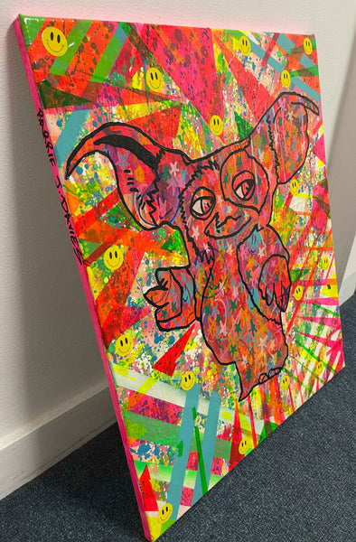 Gizmo painting by Barrie J Davies 2022, mixed media on canvas, Unframed, 50cm x 60cm.