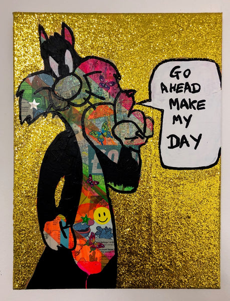 Go ahead make my day by Barrie J Davies 2019, mixed media on canvas, unframed, 30cm x 40cm. Barrie J Davies is an Artist - Pop Art and Street art inspired Artist based in Brighton England UK - Pop Art Paintings, Street Art Prints & Editions available. 