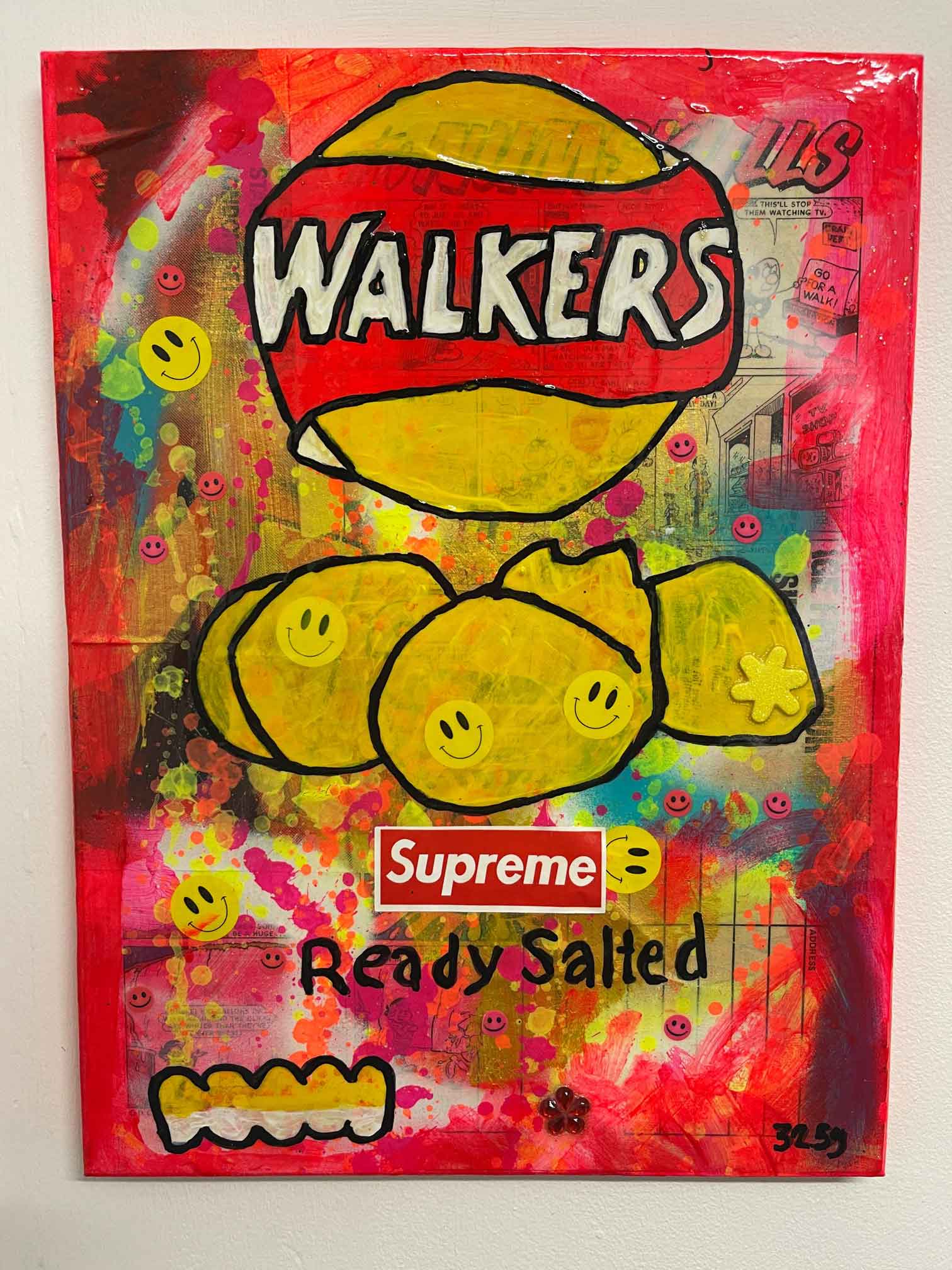 Ready Salted Crisps Painting by Barrie J Davies 2022, Mixed media on Canvas, 27cm x 35cm, Unframed and ready to hang.