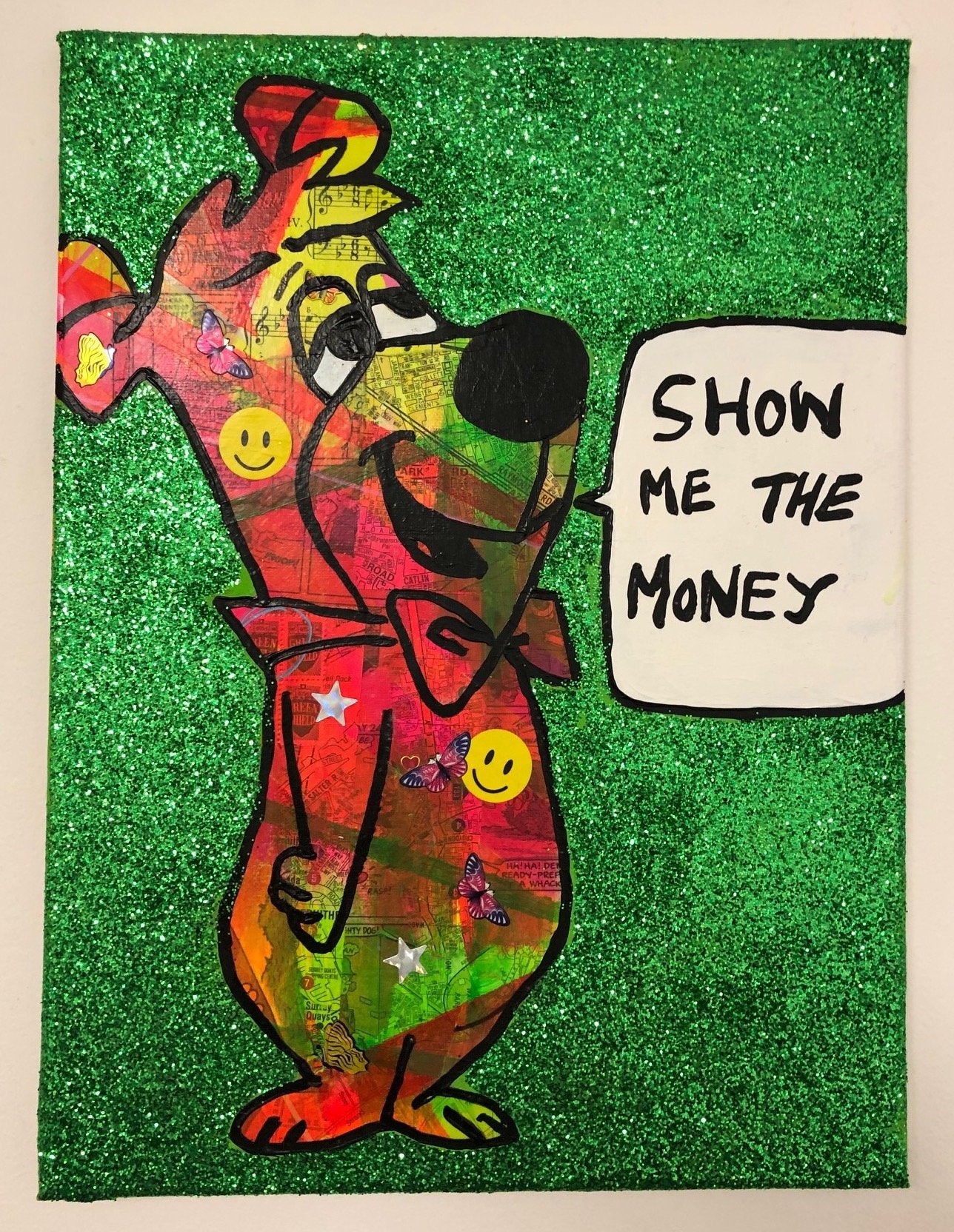 Show me the money by Barrie J Davies 2019, mixed media on canvas, unframed, 30cm x 40cm. Barrie J Davies is an Artist - Pop Art and Street art inspired Artist based in Brighton England UK - Pop Art Paintings, Street Art Prints & Editions available. 