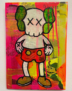 After Kaws Painting by Barrie J Davies 2022, Mixed media on Canvas, 21cm x 29cm, Unframed and ready to hang.